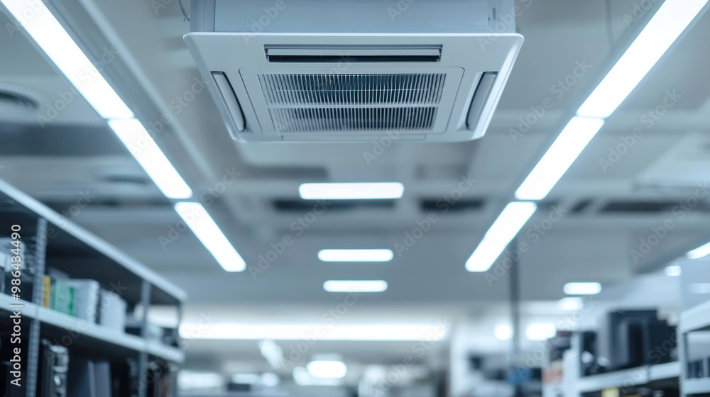 Fototapeta premium Efficient air conditioning unit installed in modern commercial space, providing comfort and cooling. sleek design complements contemporary interior