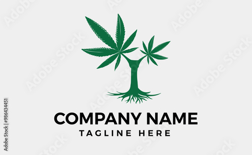 Simple Green marijuana tree logo branding design template, minimalist vector art and illustration.