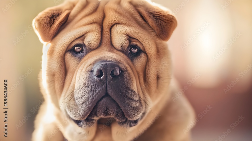 A close-up portrait of a Chow Pei dog with its distinctive wrinkled face and prominent eyes, captured against a soft pastel background A close-up portrait of a Chow Pei dog with its distinctive wrinkled face and prominent eyes, captured against a soft pastel background