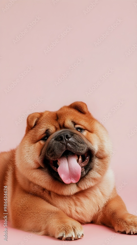 A playful Chow Pei dog lying down with its tongue out, surrounded by a light solid color backdrop that highlights its fur texture A playful Chow Pei dog lying down with its tongue out, surrounded by a light solid color backdrop that highlights its fur texture