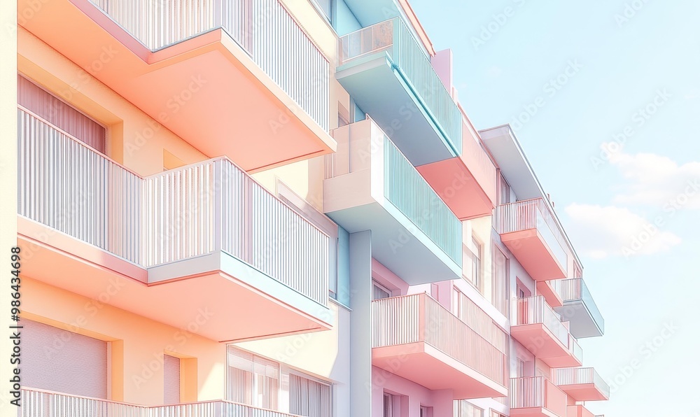 Pastel-colored apartment building with balconies. Pastel-colored apartment building with balconies.