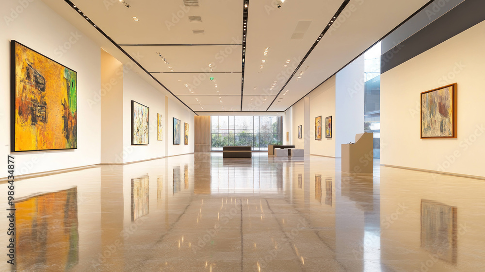 modern art gallery featuring vibrant paintings on white walls, with polished floors reflecting artwork. spacious layout invites visitors to explore creative displays modern art gallery featuring vibrant paintings on white walls, with polished floors reflecting artwork. spacious layout invites visitors to explore creative displays
