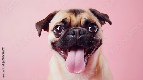 A playful chug dog with its tongue out, captured in a moment of joy against a soft pastel backdrop