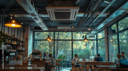 cozy cafe interior featuring large windows, wooden furniture, and relaxed atmosphere. Patrons enjoy their time surrounded by greenery, creating warm and inviting space