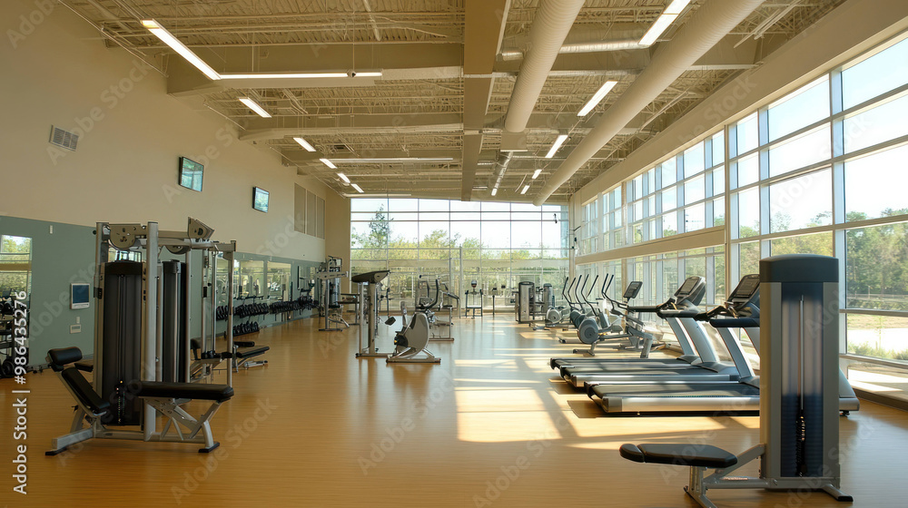 spacious and modern gym interior featuring various exercise equipment, large windows allowing natural light, and clean, inviting atmosphere for fitness enthusiasts spacious and modern gym interior featuring various exercise equipment, large windows allowing natural light, and clean, inviting atmosphere for fitness enthusiasts