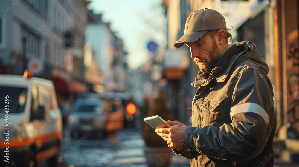 A delivery driver scanning a package with a handheld device in a commercial area. A delivery driver scanning a package with a handheld device in a commercial area.