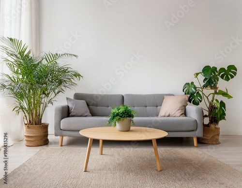 Minimalistisches Wohnzimmer mit eleganter Couch und Zimmerpflanzen photo