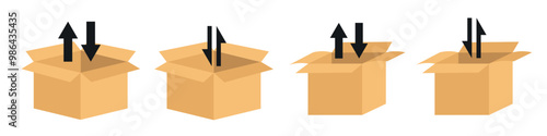 Set of open boxes with arrows instructions in black. Cardboard box.