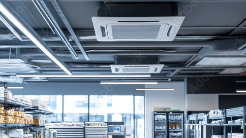 Efficient air conditioning system in modern grocery store, enhancing customer comfort and maintaining product quality. sleek design complements contemporary interior photo