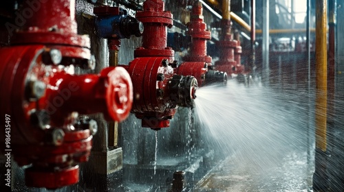 Industrial Mishap: Burst Valves in Fire Pump System, Spraying Water, Damaged Machinery, Empty Workplace
