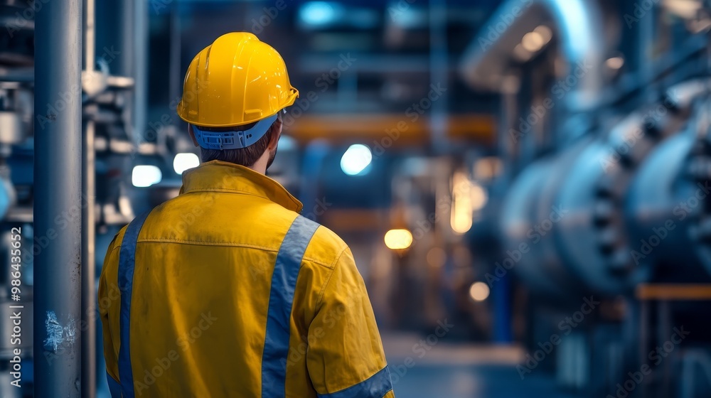 Industrial Worker In Yellow Safety Suit Looking At Machinery In Factory Industrial Worker In Yellow Safety Suit Looking At Machinery In Factory