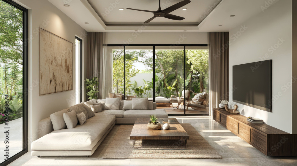modern living room featuring spacious layout with large sectional sofa, wooden coffee table, and sleek TV unit. room is filled with natural light and greenery, creating serene atmosphere modern living room featuring spacious layout with large sectional sofa, wooden coffee table, and sleek TV unit. room is filled with natural light and greenery, creating serene atmosphere