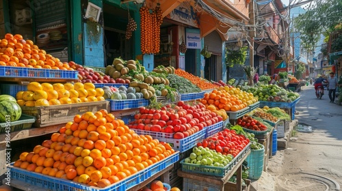 Vibrant Fruit and Vegetable Stall in a bustling marketplace