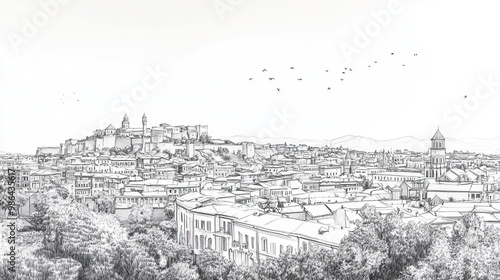 Tbilisi, Georgia, black and white pen pencil hand-drawn effect drawing illustration for travel poster, card, wallpaper, backdrop or banner. Modern, clear, artistic and simple