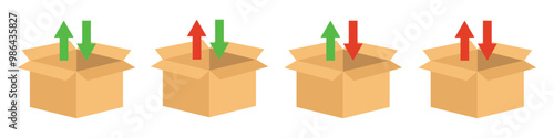 Set of open boxes with arrows instructions in color. Cardboard box.