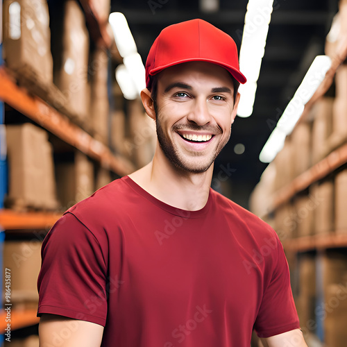 Smiling Delivery Worker smiing and standing in Warehouse Setting photo