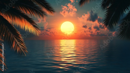 Fototapeta Naklejka Na Ścianę i Meble -  Palm tree leaves frame a vibrant sunset over the ocean.  The sun casts a warm glow on the water, creating a sense of tranquility.