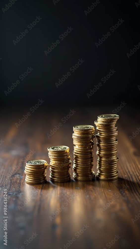 Ascending coins on dark wooden table with spotlight symbolizing strategic investment and wealth Ascending coins on dark wooden table with spotlight symbolizing strategic investment and wealth