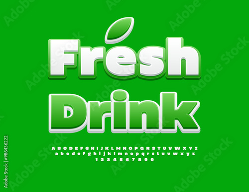 Vector eco concept Fresh Drink. White and Green Bright Font. Creative Alphabet Letters and Numbers