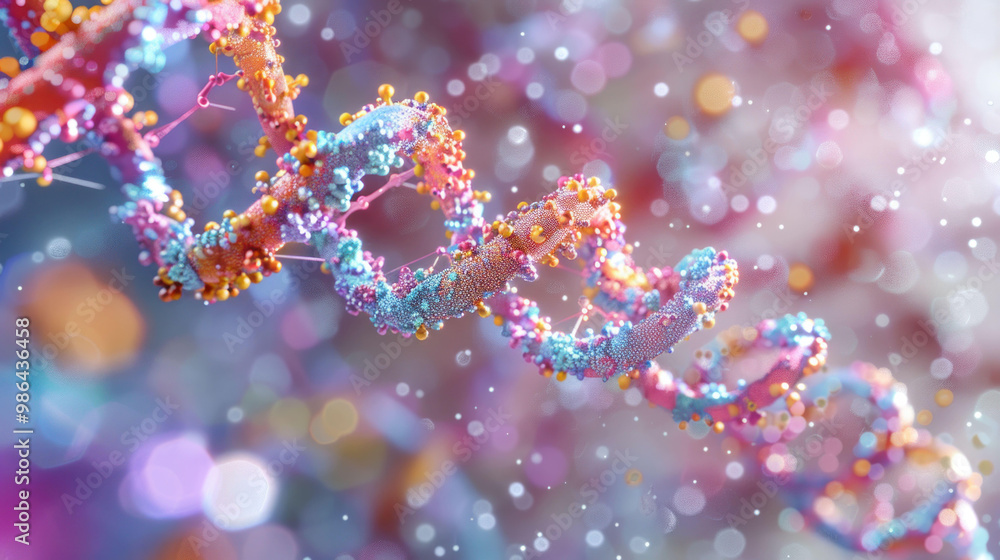vibrant and intricate representation of DNA strands showcases beauty of genetic material, highlighting colorful molecular structures against soft, blurred background vibrant and intricate representation of DNA strands showcases beauty of genetic material, highlighting colorful molecular structures against soft, blurred background