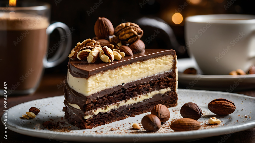 Delicious Slice of Chocolate and Vanilla Cake with Nuts and Cappuccino in a Cozy Café Setting – Perfect for Coffee Breaks Delicious Slice of Chocolate and Vanilla Cake with Nuts and Cappuccino in a Cozy Café Setting – Perfect for Coffee Breaks