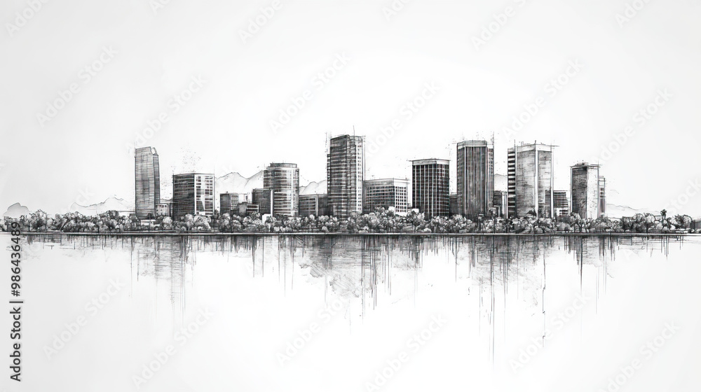 Obraz premium Tempe, Arizona, black and white pen pencil hand-drawn effect drawing illustration for travel poster, card, wallpaper, backdrop or banner. Modern, clear, artistic and simple
