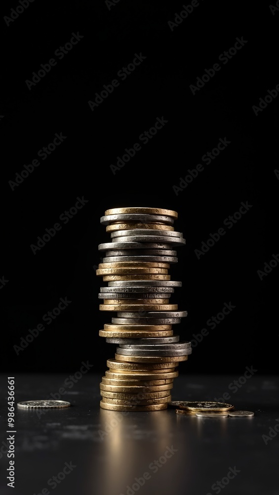Coins falling in motion against black backdrop expressing financial risk Coins falling in motion against black backdrop expressing financial risk