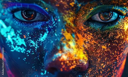 A woman's face is painted with bright colors and has a lot of glitter 4K Video