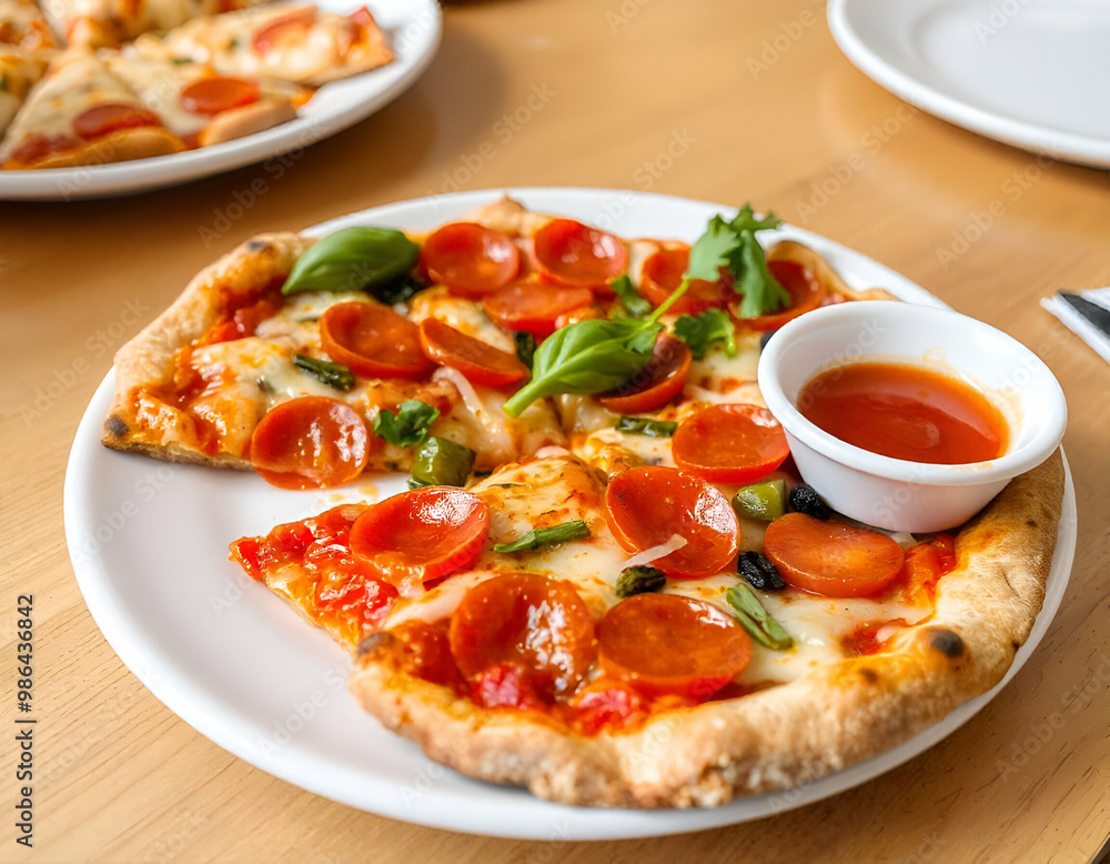 A plate of freshly baked pizza with a variety of toppings including pepperoni, vegetables, and melted cheese. The pizza is served with a small bowl of dipping sauce on the side A plate of freshly baked pizza with a variety of toppings including pepperoni, vegetables, and melted cheese. The pizza is served with a small bowl of dipping sauce on the side
