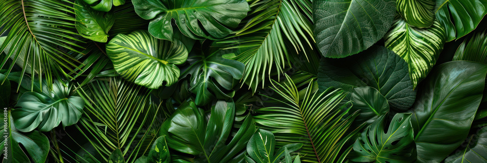 Lush green foliage creates vibrant and serene backdrop, showcasing variety of tropical leaves in different shapes and textures, evoking sense of tranquility and natures beauty Lush green foliage creates vibrant and serene backdrop, showcasing variety of tropical leaves in different shapes and textures, evoking sense of tranquility and natures beauty