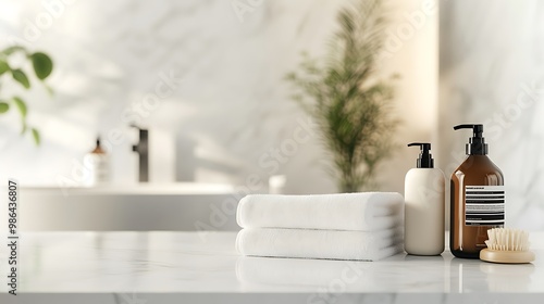 White towels, soap, and a brush on a marble countertop in a bathroom.