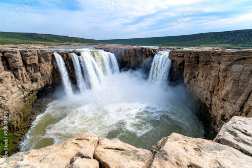 A cascading waterfall in the middle of a rocky canyon, with mist rising from the flowing water