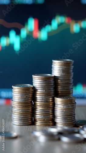 Stacked silver coins with financial charts background symbolizing investment growth