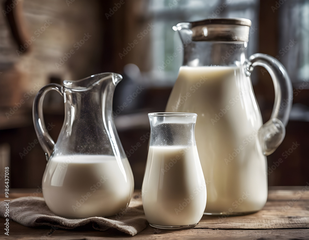 Jugs of milk on the kitchen background. Healthy drinks. Nutrition Jugs of milk on the kitchen background. Healthy drinks. Nutrition