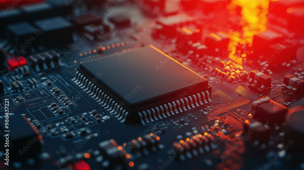 Close-up of a microchip on a circuit board, bathed in glowing red light, representing modern technology, electronics, and innovation. Close-up of a microchip on a circuit board, bathed in glowing red light, representing modern technology, electronics, and innovation.