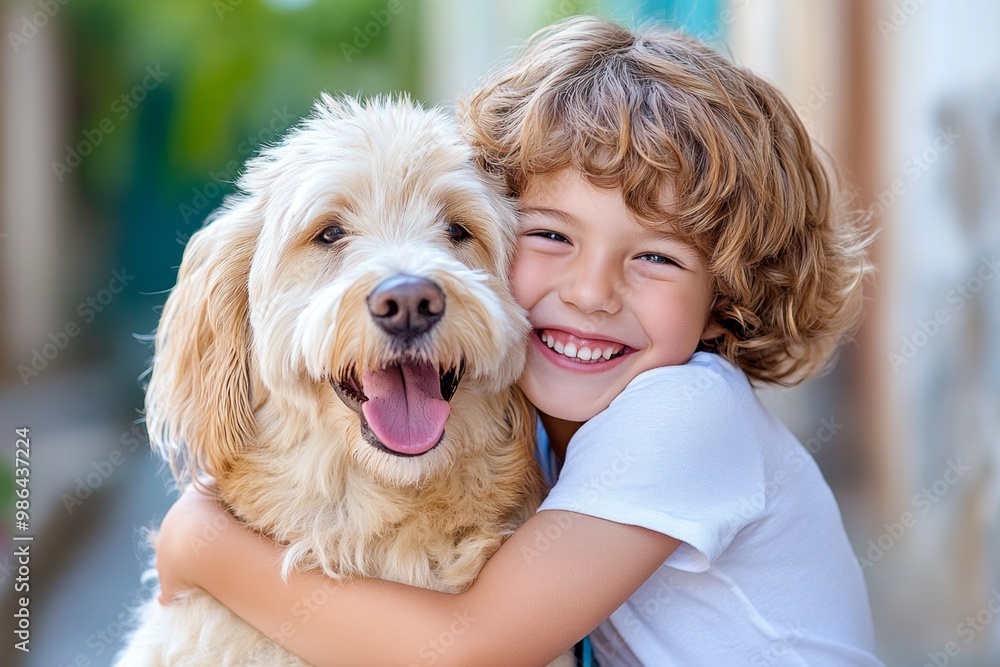 A child hugging their pet dog, with both looking happy and content A child hugging their pet dog, with both looking happy and content