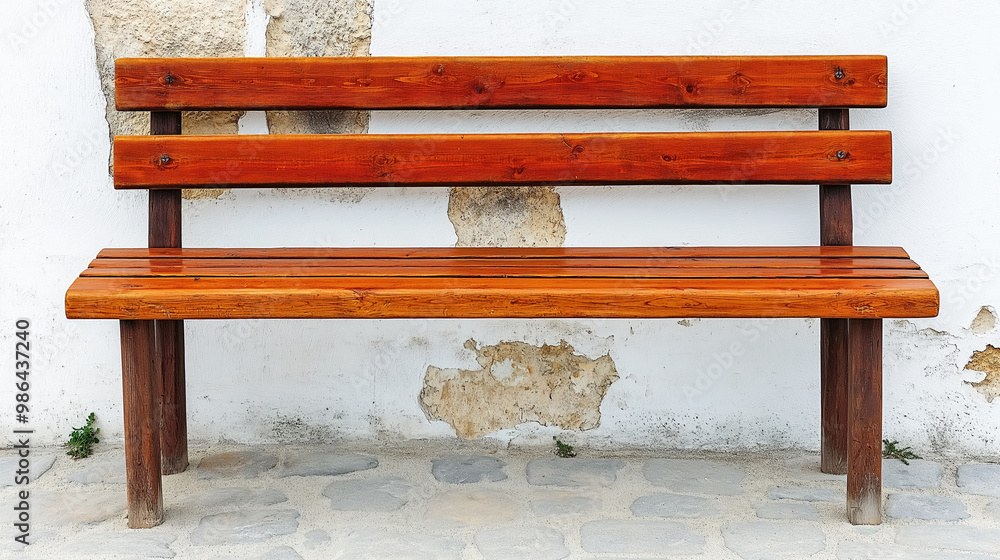 Simple, wooden bench placed against a rustic wall with some peeling patches, giving a minimalist yet charming outdoor feel. Simple, wooden bench placed against a rustic wall with some peeling patches, giving a minimalist yet charming outdoor feel.