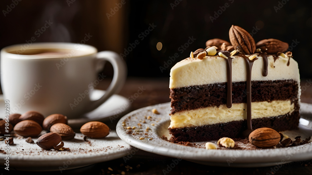 Delicious Slice of Chocolate and Vanilla Cake with Nuts and Cappuccino in a Cozy Café Setting – Perfect for Coffee Breaks Delicious Slice of Chocolate and Vanilla Cake with Nuts and Cappuccino in a Cozy Café Setting – Perfect for Coffee Breaks