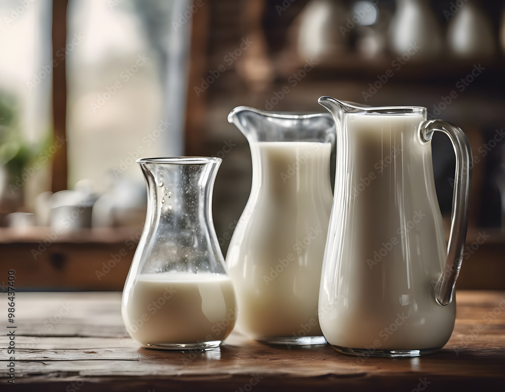 Jugs of milk on the kitchen background. Healthy drinks. Nutrition Jugs of milk on the kitchen background. Healthy drinks. Nutrition