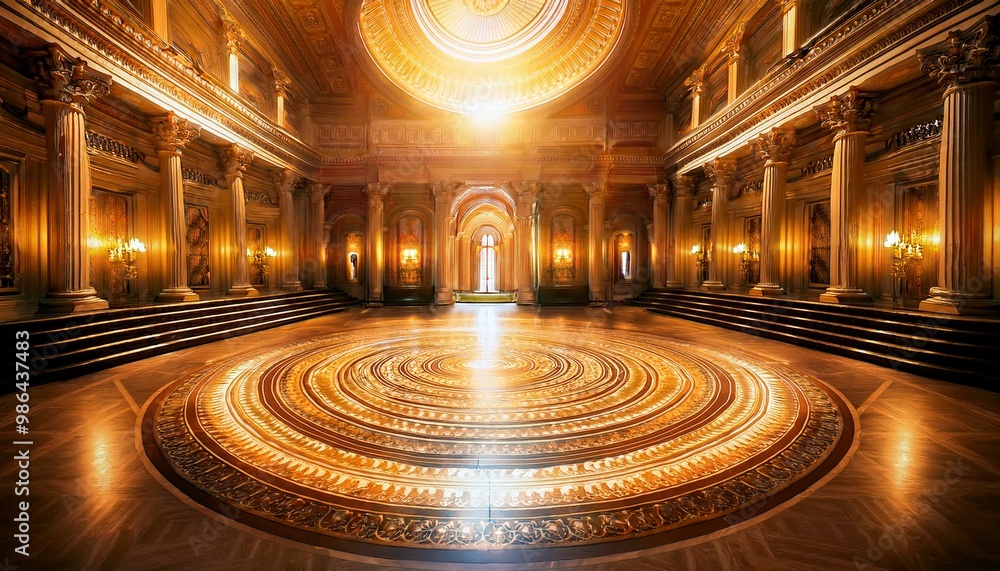 Obraz premium A grand hall with a glowing circular pattern on the floor, bathed in warm light from above. The image suggests a place of power and mystery.