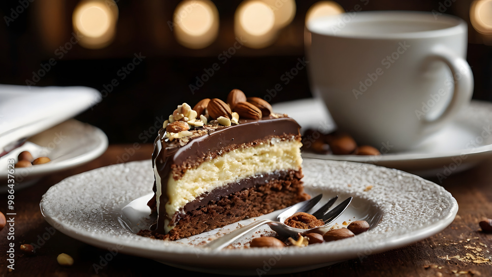 Delicious Slice of Chocolate and Vanilla Cake with Nuts and Cappuccino in a Cozy Café Setting – Perfect for Coffee Breaks Delicious Slice of Chocolate and Vanilla Cake with Nuts and Cappuccino in a Cozy Café Setting – Perfect for Coffee Breaks