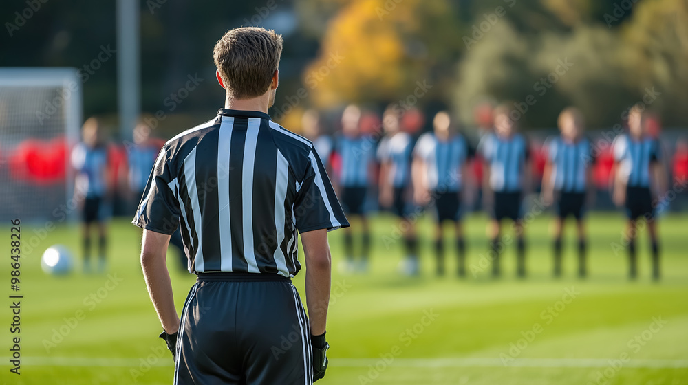 Obraz premium Soccer referee stands on the field, watching a line of players in the distance, preparing for a game, with focus on his striped uniform.