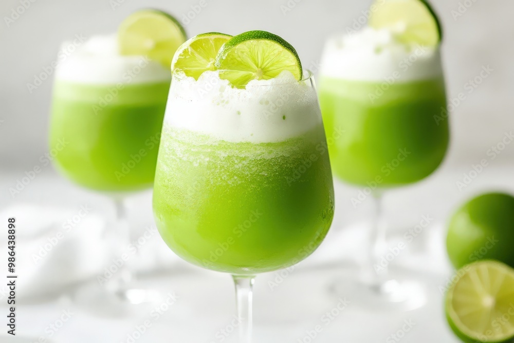 Three glasses of green liquid with lime slices on top, generative ai image