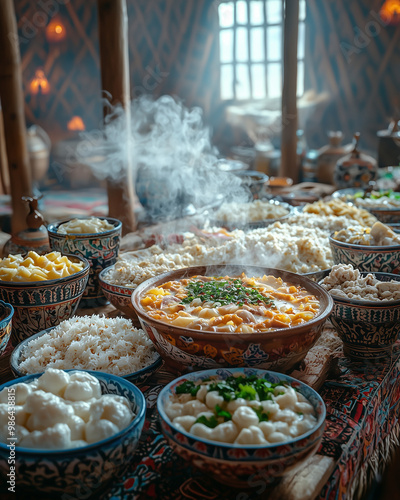 A close-up of a traditional Tsagaan Sar feast table filled with dairy products, white foods and a centerpiece of steaming khorkhog (a Mongolian lamb dish). photo