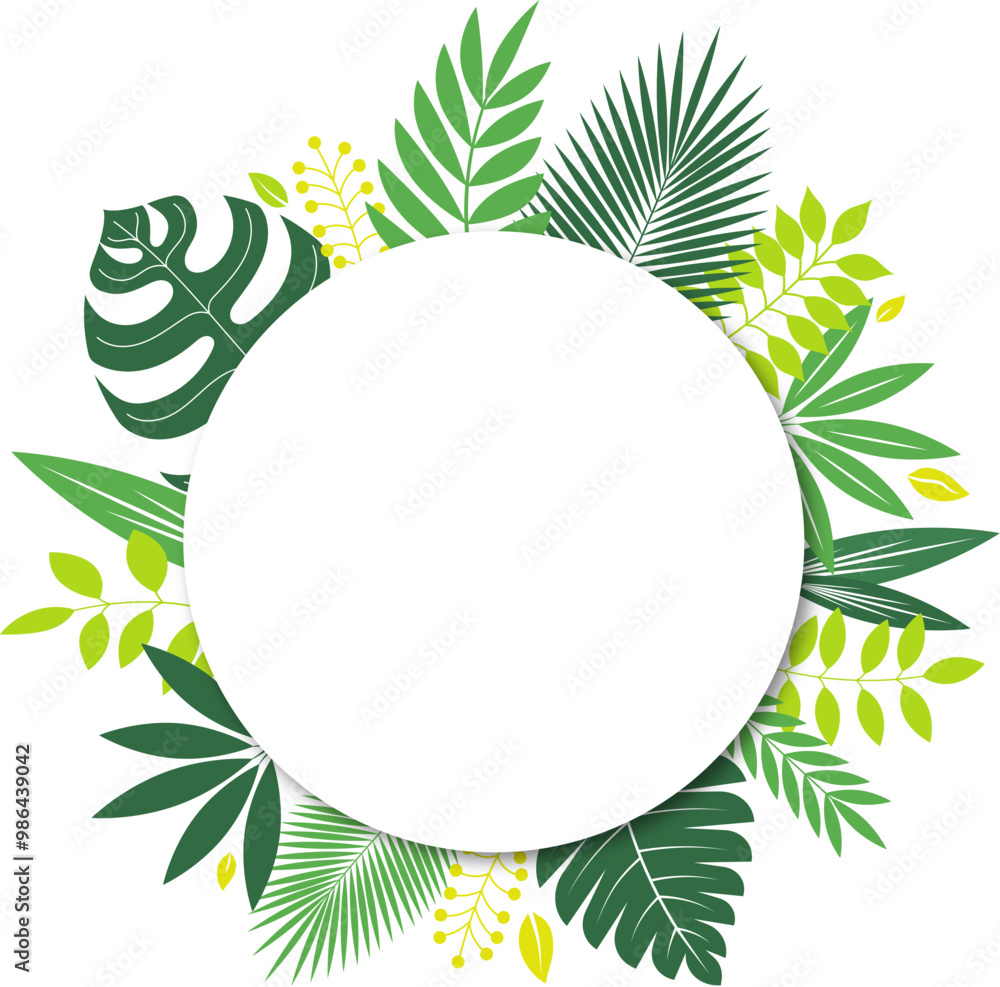 Round banner with green leaves design Round banner with green leaves design