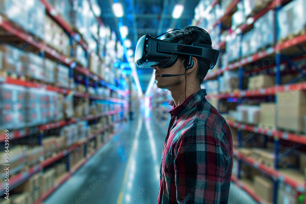 A man wearing a VR headset stands in a warehouse, generative ai., A man wearing a VR headset stands in a warehouse, generative ai.,