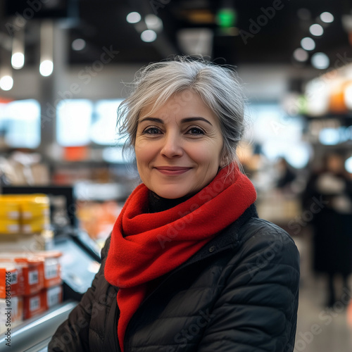 Wallpaper Mural A woman with gray hair wearing a red scarf smiles at a grocery store during the day while shopping for fresh produce Torontodigital.ca
