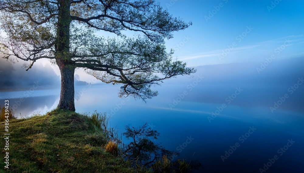 A lone tree stands by a misty lake, its branches reaching towards the sky. The water is a deep blue, reflecting the surrounding fog. A lone tree stands by a misty lake, its branches reaching towards the sky. The water is a deep blue, reflecting the surrounding fog.