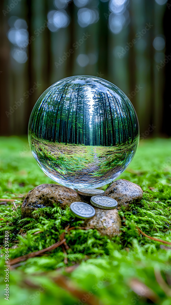 A crystal ball reflects a serene forest path surrounded by soft moss and stones during a peaceful afternoon A crystal ball reflects a serene forest path surrounded by soft moss and stones during a peaceful afternoon