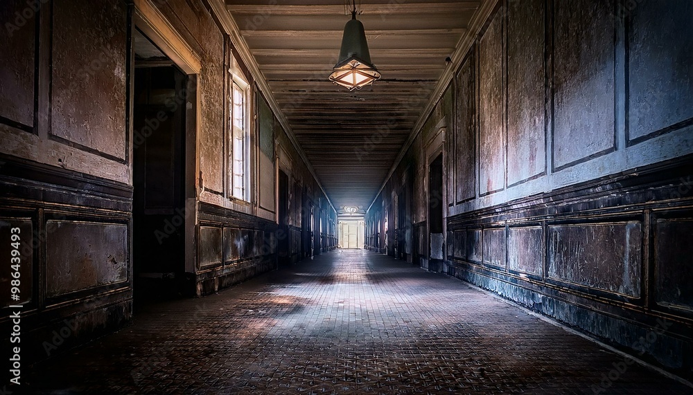 A long, dark hallway in an abandoned building, lit only by a single, flickering light at the end A long, dark hallway in an abandoned building, lit only by a single, flickering light at the end